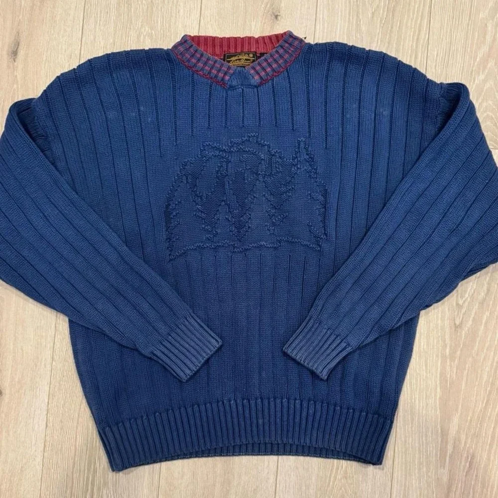 Vintage Eddie Bauer Mountain Knit Sweater XL Blue Red Ribbed Made in Australia